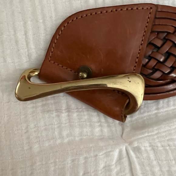Saks Fifth Avenue Brown Braided Italian Leather Belt Gold Buckle &Accents Size M